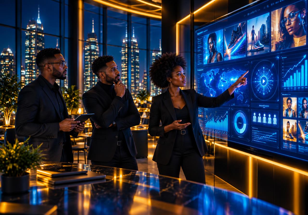 Entrepreneurs collaborating in a cinematic blue-and-gold business technology studio