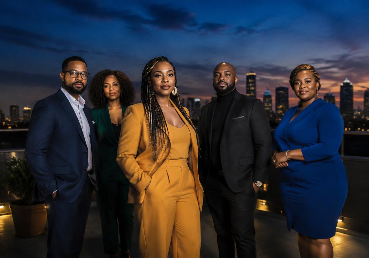 Diverse adult entrepreneurs standing together on a city rooftop at dusk