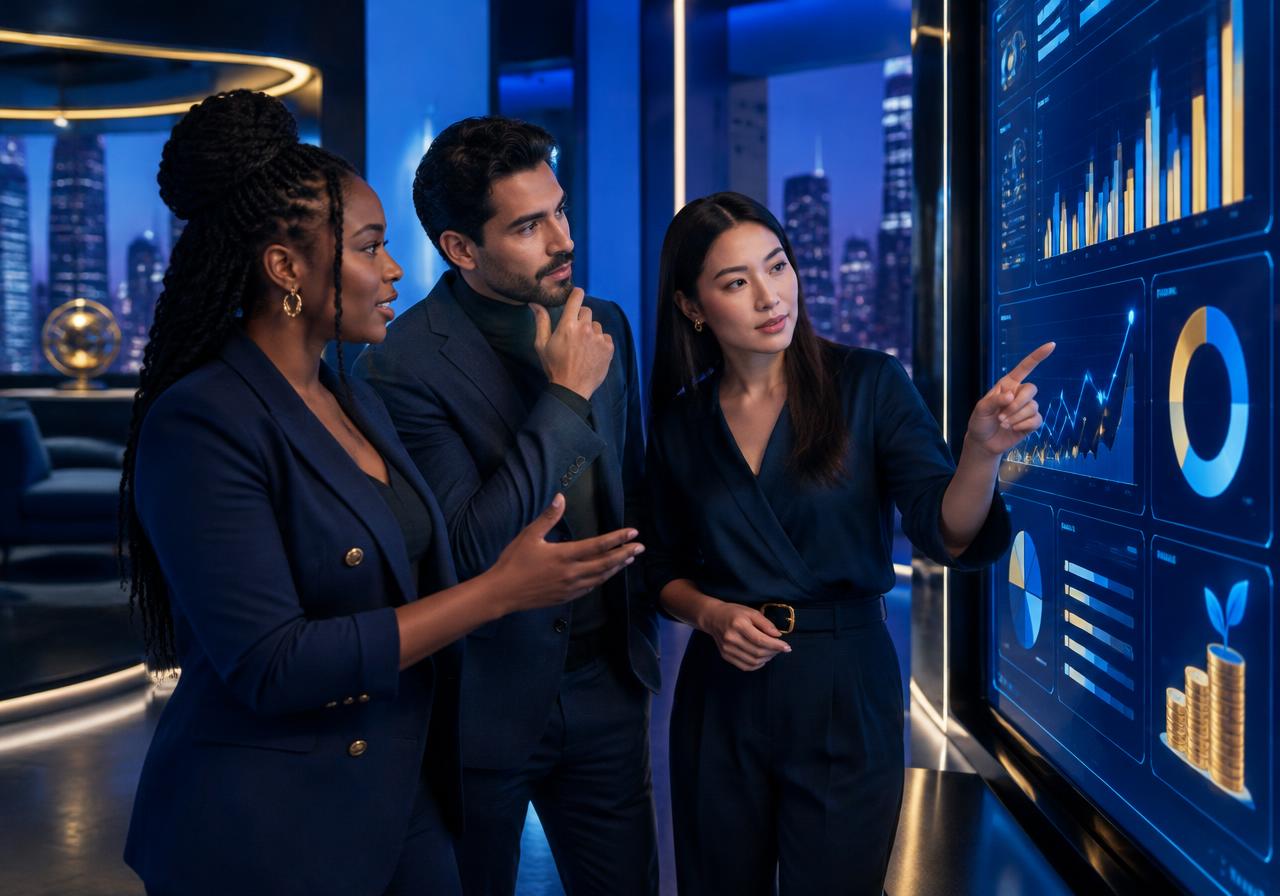 Diverse adult entrepreneurs discussing financial learning in a blue-and-gold technology studio