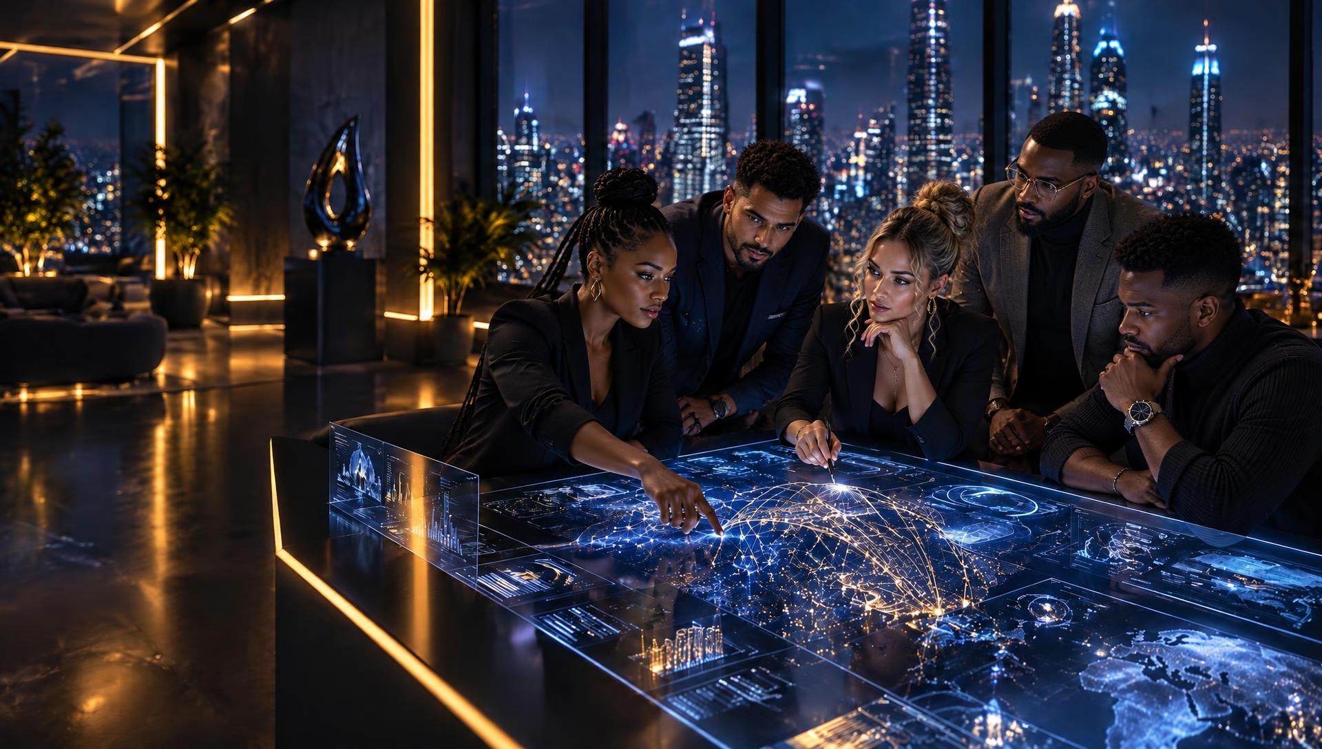 Five entrepreneurs — two Black men, a mixed-race man, a white woman and a Black woman — collaborating around an interactive AI display in an urban tech studio at night