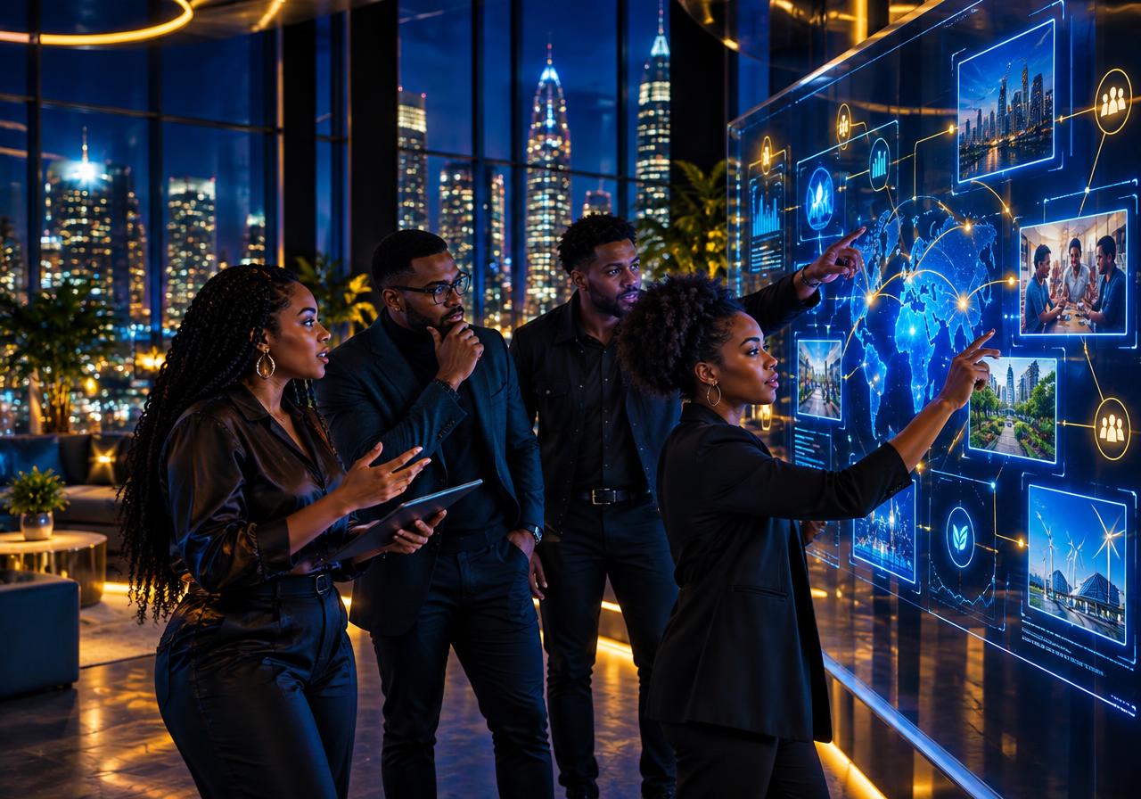 Black founders collaborating on a digital community project in a blue-and-gold tech studio